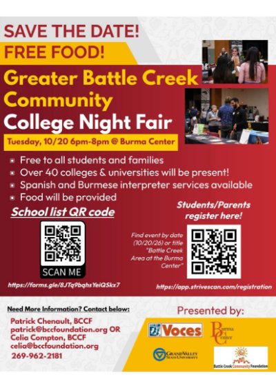 Flyer promoting College Night at the Burma Center from 6:00pm-8:00pm on October 20th.